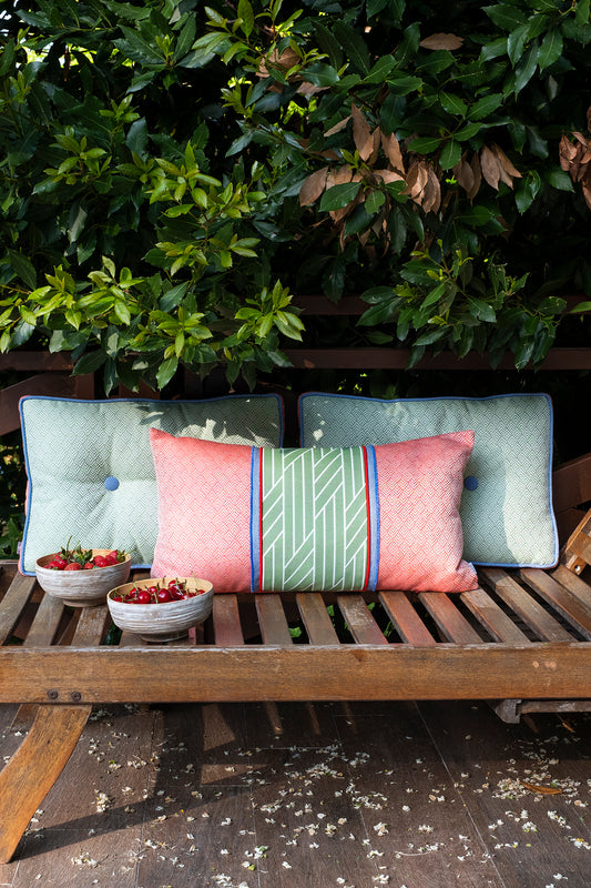 PATTERNED RECTANGULAR DECORATIVE PILLOW WITH TAPE DETAIL